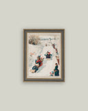 Tobagganing Framed Antique Art: 11x15