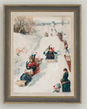 Tobagganing Framed Antique Art: 11x15