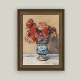 Red Flowers in Blue Vase Framed Antique Art: 12x16