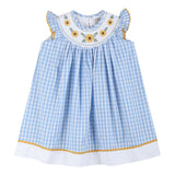 Blue Gingham Sunflower Smocked Bishop Dress