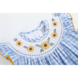 Blue Gingham Sunflower Smocked Bishop Dress