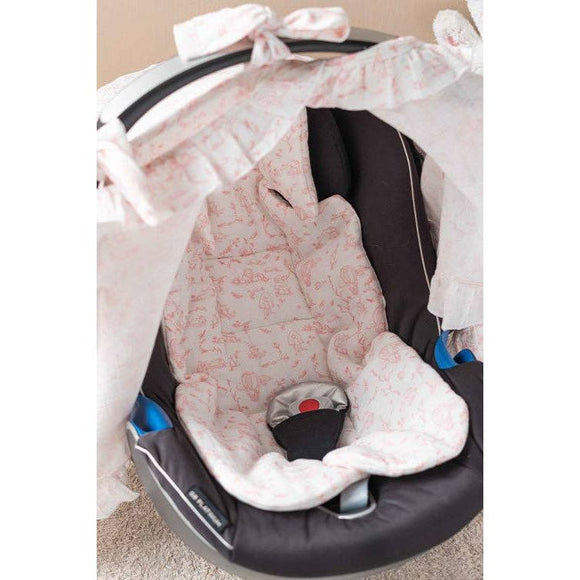 Toile De Jouy Stroller Seat Cushion in Pink: 27.5” x 14.5”