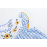 Blue Gingham Sunflower Smocked Bishop Dress