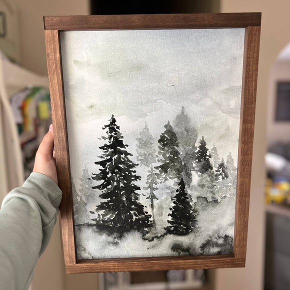 Evergreen Forest Wood Wall Art with Light Oak Border / 13x17