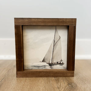 Vintage Sailboat Dark Walnut Wood Wall Art / 13x13"