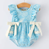 Blue baby romper with white summer beach shells patterns, ruffles, and bows 