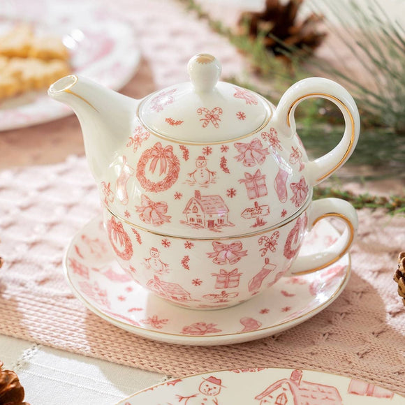 Christmas Toile Pink Bow Fine Porcelain Tea For One Set