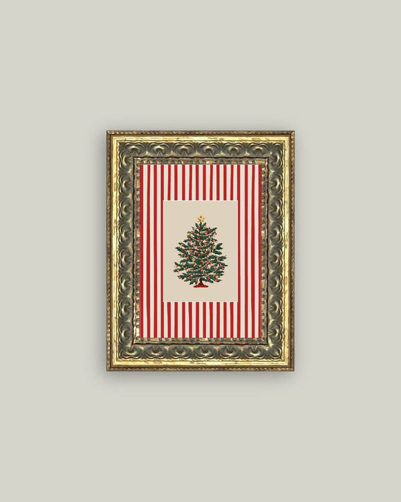 Peppermint Stripe Tree Framed Antique Art: 5x7