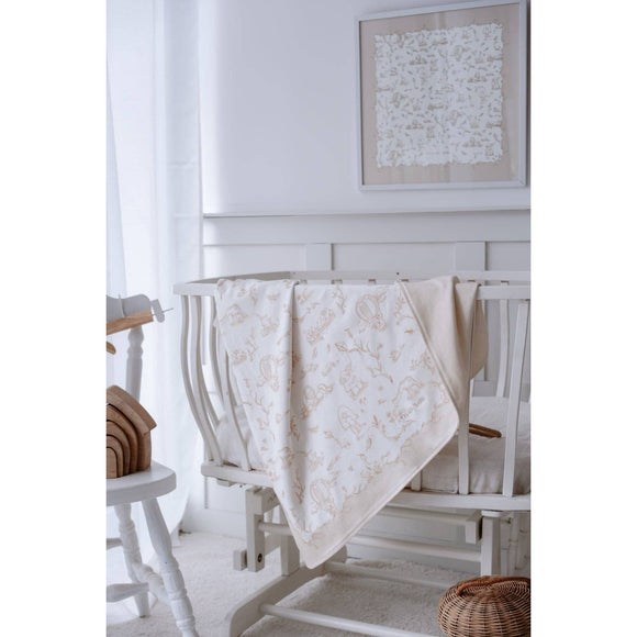 Toile De Jouy Double-Sided Organic Cotton Blanket in Beige