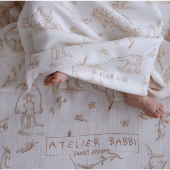 Toile De Jouy Double-Sided Organic Cotton Blanket in Beige