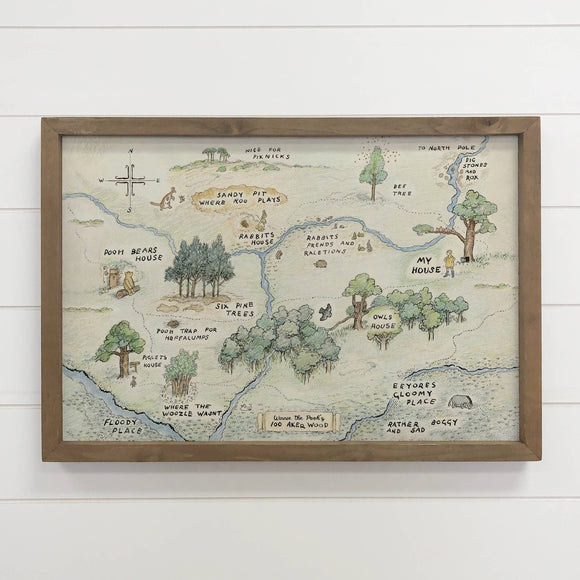 Winnie the Pooh Vintage Map - Disney Canvas Art with Wood Frame: 12x18