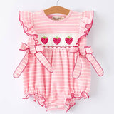 Pink Striped Strawberry Embroidered Smocked Romper