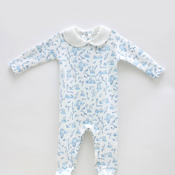 Toile De Jouy Baby Footed Onesie in Blue