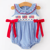 Girls 4th of July Plaid Smocked Embroidery Romper