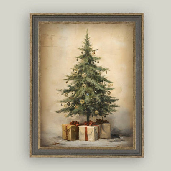 Christmas Tree with Presents Framed Antique Art: 7x9