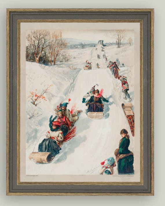 Tobagganing Framed Antique Art: 11x15