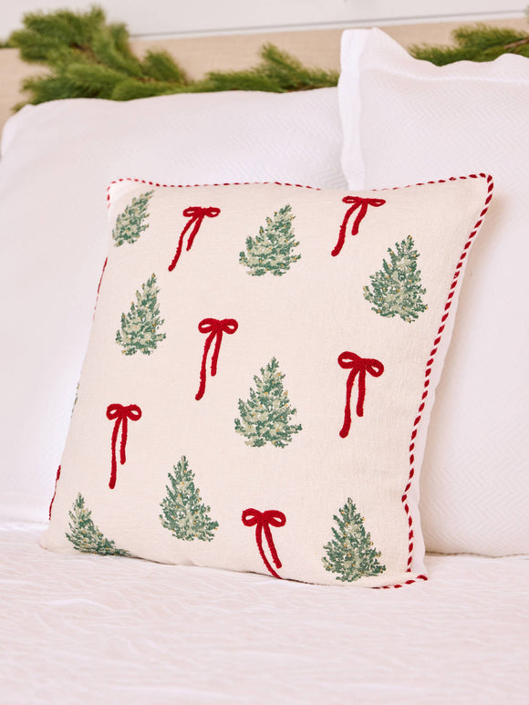 Embroidered Boucé Christmas Bows Throw Pillow