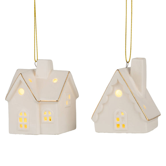 Ceramic White House Ornament with Gold Trim