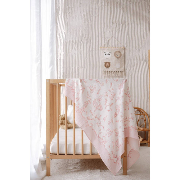 Toile De Jouy Double-Layer Muslin Blanket in Pink: 27.5” x 27.5”