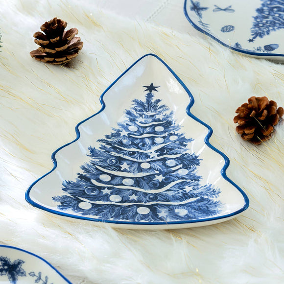 Blue Holly Christmas Tree Ceramic Serving Tray