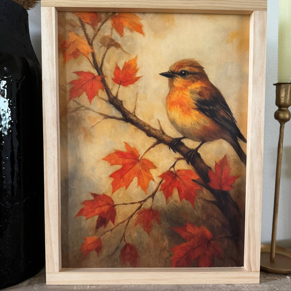 Autumn Sparrow Wood Wall Art in Light Oak 8x12