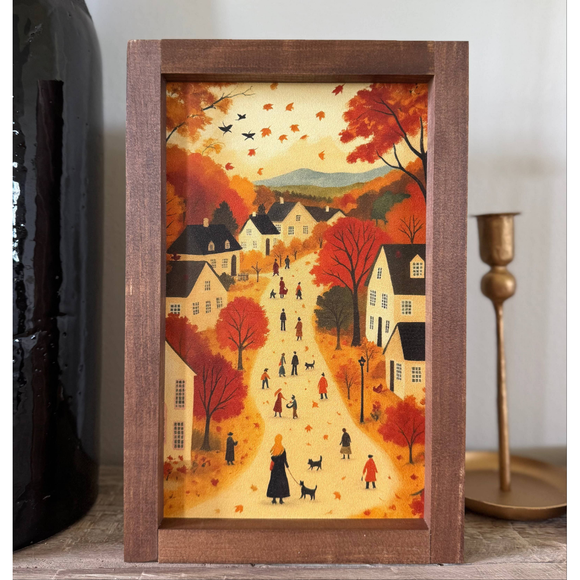 Fall Village Dark Walnut Wood Wall Art / 13x17