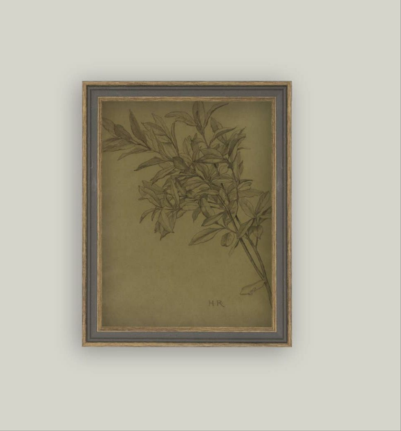 Leaves On Green Framed Antique Art: 11x15