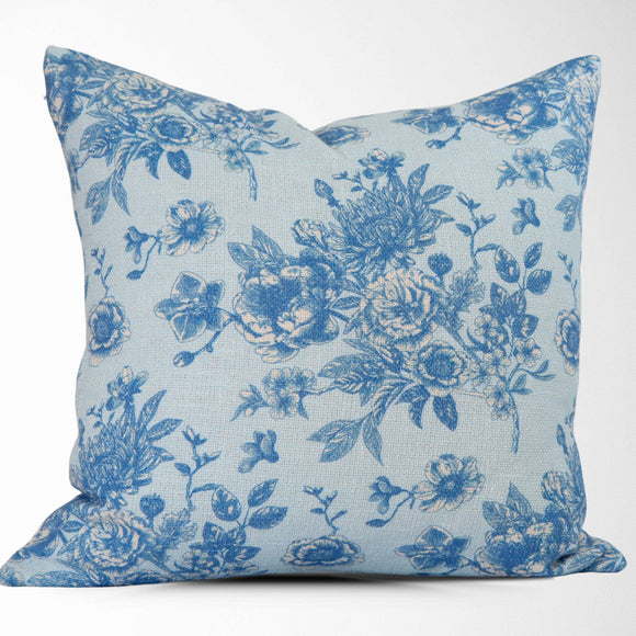 Serenity Toile de Jouy Roses Throw Pillow in Blue 22