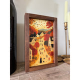 Fall Village Dark Walnut Wood Wall Art / 13x17"