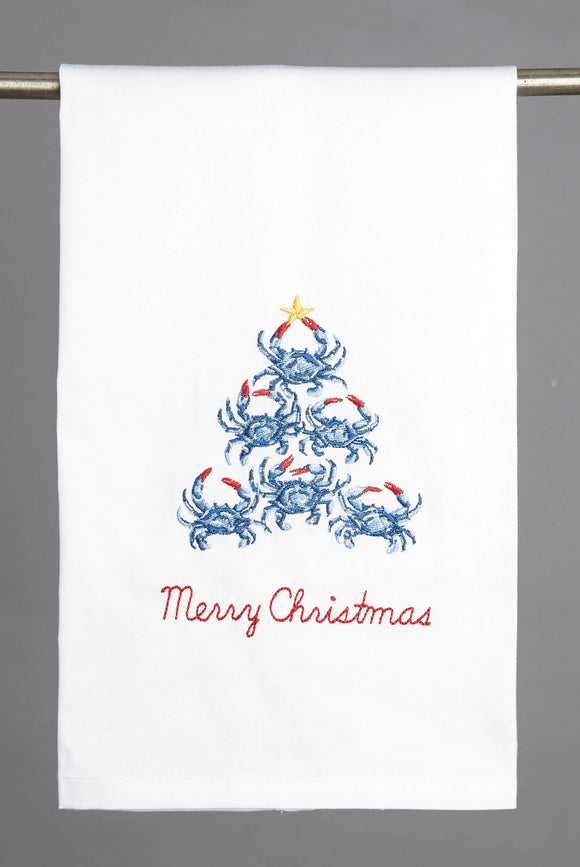 Blue Crab Christmas Tree Embroidered Kitchen Towel