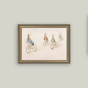 Biking Bunnies Framed Antique Art: 16x12