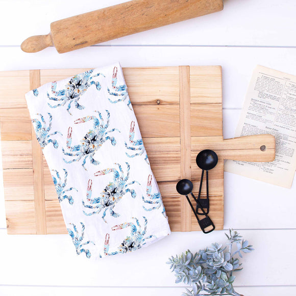 Amanda Klein Watercolor Floral Blue Crab Flour Sack Tea Towel