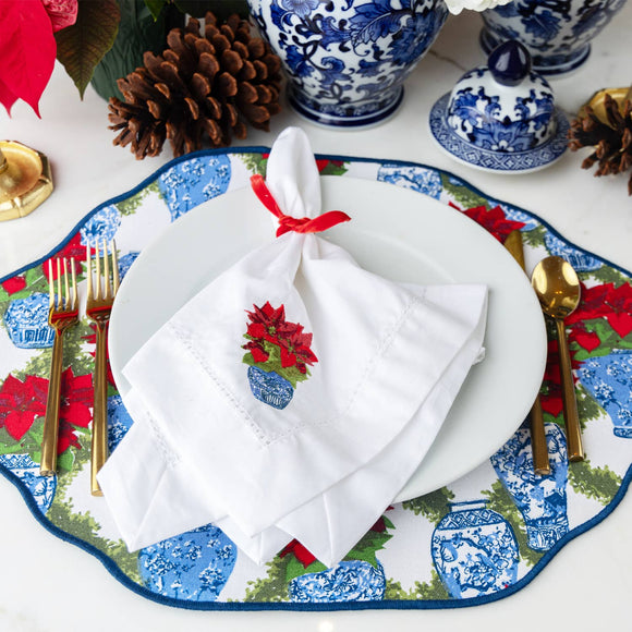 (Set of 4) Poinsettia Embroidered Dinner Napkins