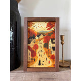 Fall Village Dark Walnut Wood Wall Art / 13x17"