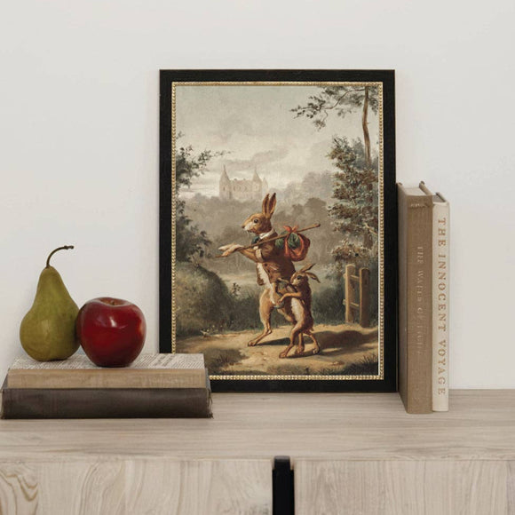 Traveling Rabbit Framed Antique Art: 11x15