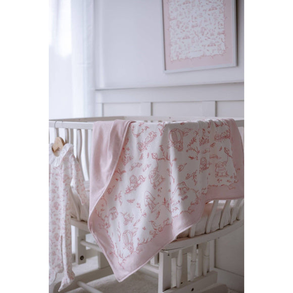 Toile De Jouy Double-Sided Organic Cotton Blanket in Pink