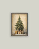 Christmas Tree with Presents Framed Antique Art: 7x9