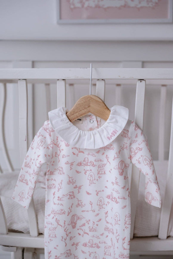 Toile De Jouy Baby Footed Onesie in Pink, 0-3 M