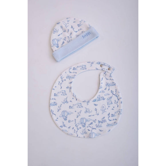 Toile De Jouy Newborn Bib & Hat Set in Blue - 0-3 M