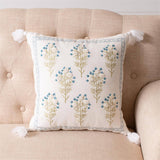 Daphne Embroidered Blue Floral Pillow with Tassels