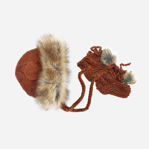 Cinnamon Fur Handknitted Hat & Booties Set