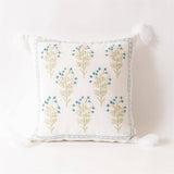 Daphne Embroidered Blue Floral Pillow with Tassels