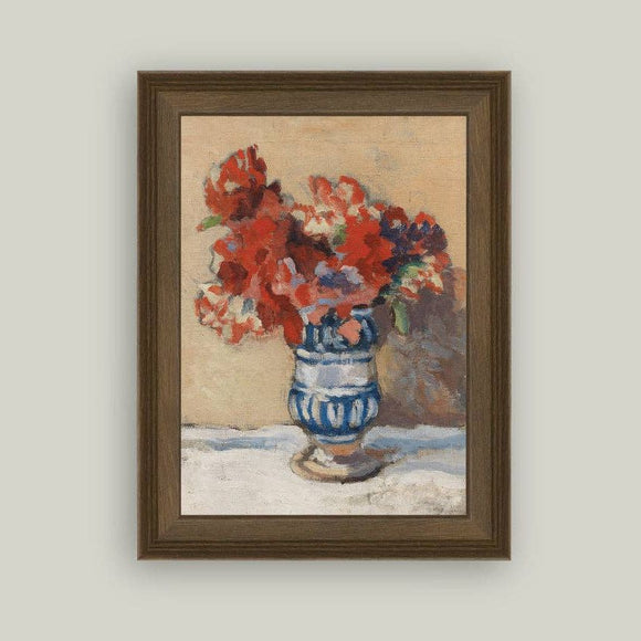 Red Flowers in Blue Vase Framed Antique Art: 12x16