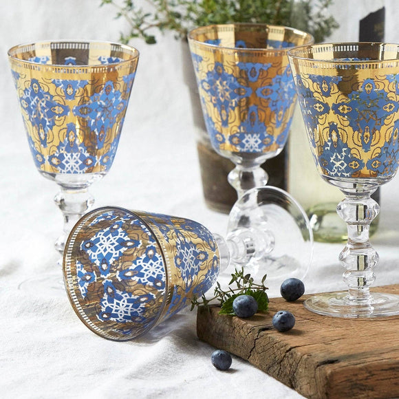 Vintage 20's french deco painted glasses with blue and gold patterns 