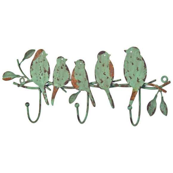 Rustic Green Metal Bird Branch 3-Hook Rack