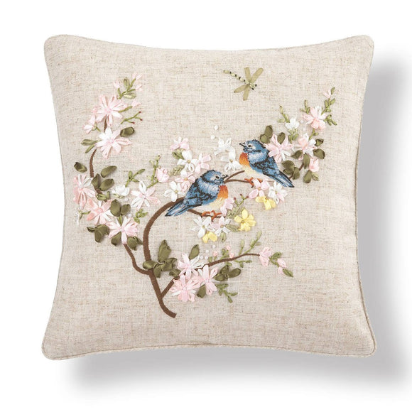 Spring Bluebird Ribbon Throw Pillow