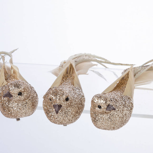 Set of 3 Champagne Glittered Feathered Friends Clip-On Ornaments