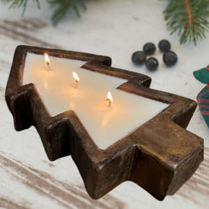 Handcrafted Spanish Oak Christmas Tree Dough Bowl Candle